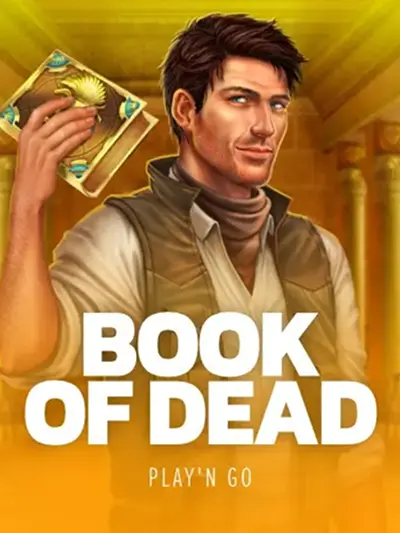 Book of Dead pokie thumbnail with an explorer and Egyptian tomb symbols
